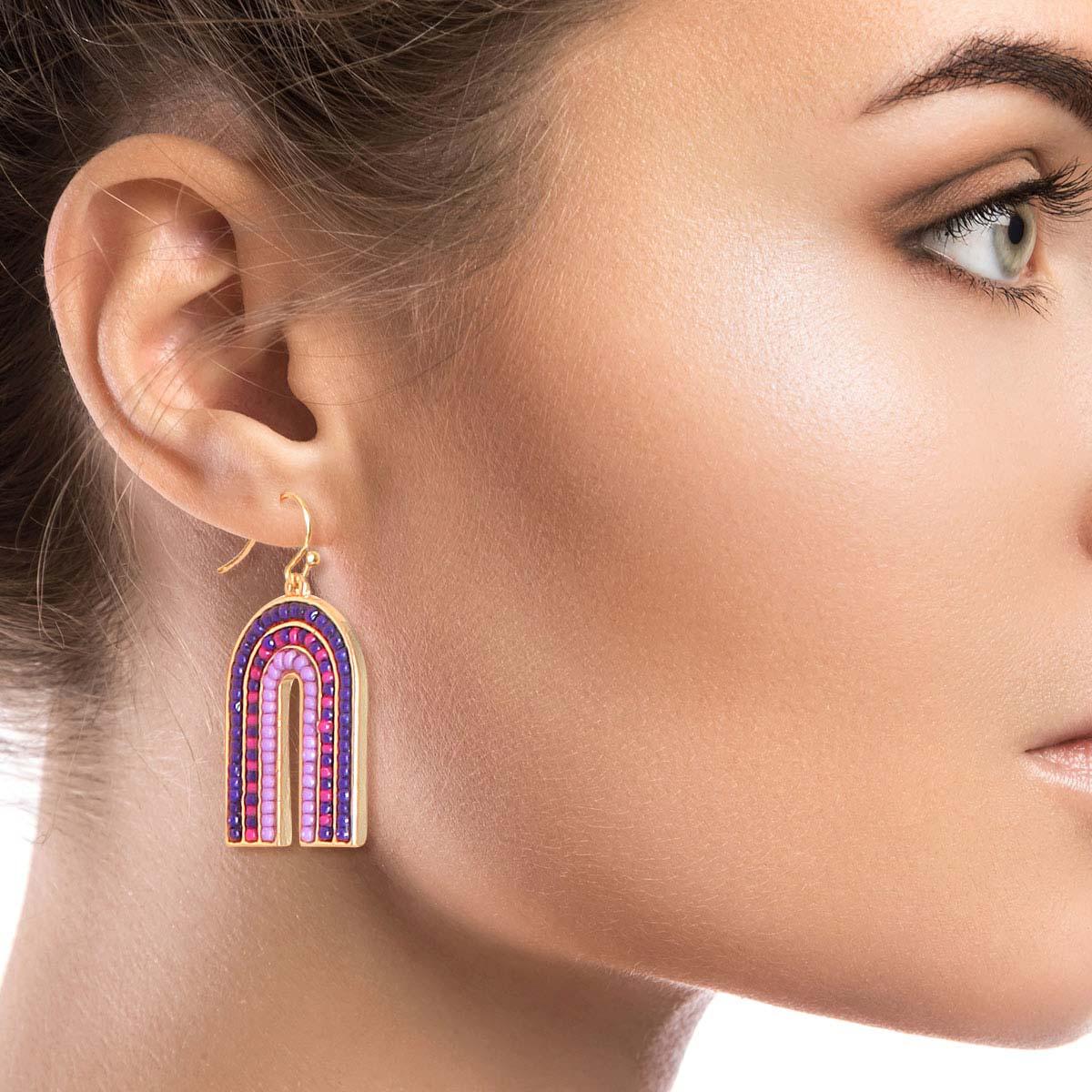 Get Noticed with Purple Seed Beaded Arch Earrings - Shop Now!