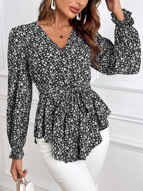 Get Noticed with Tie Front Blouse, Flounce Sleeves