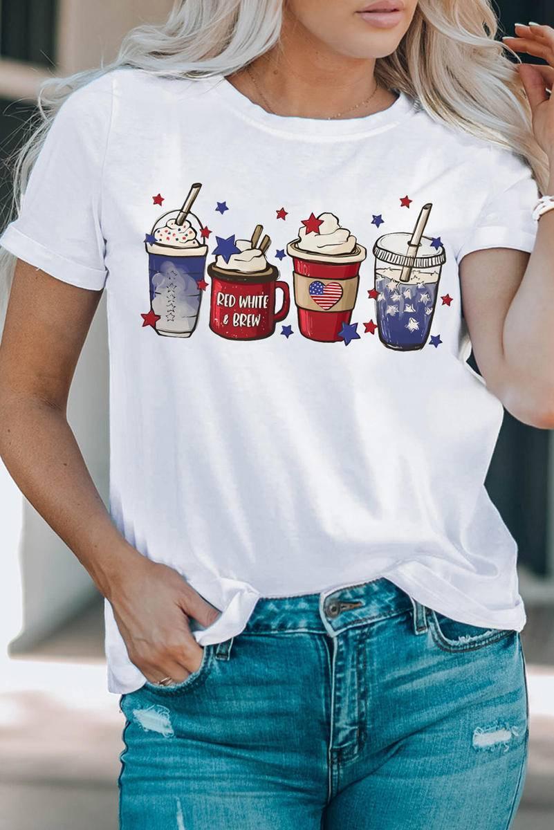Get Ready to Sip in Style with Our 4th of July Coffee Cups Graphic T-Shirt for Ladies