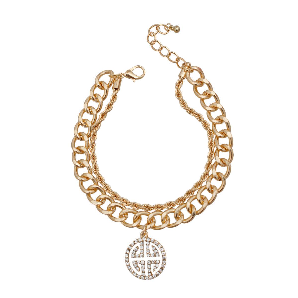 Gold Finish Layered Chain Bracelet + Charm