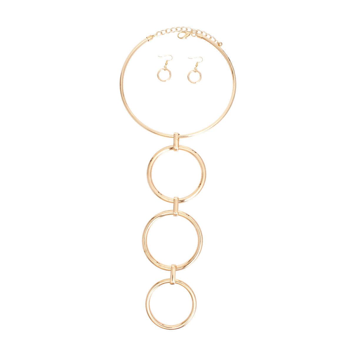 Gold Linked Rings Necklace Set: Modernist Fashion Jewelry