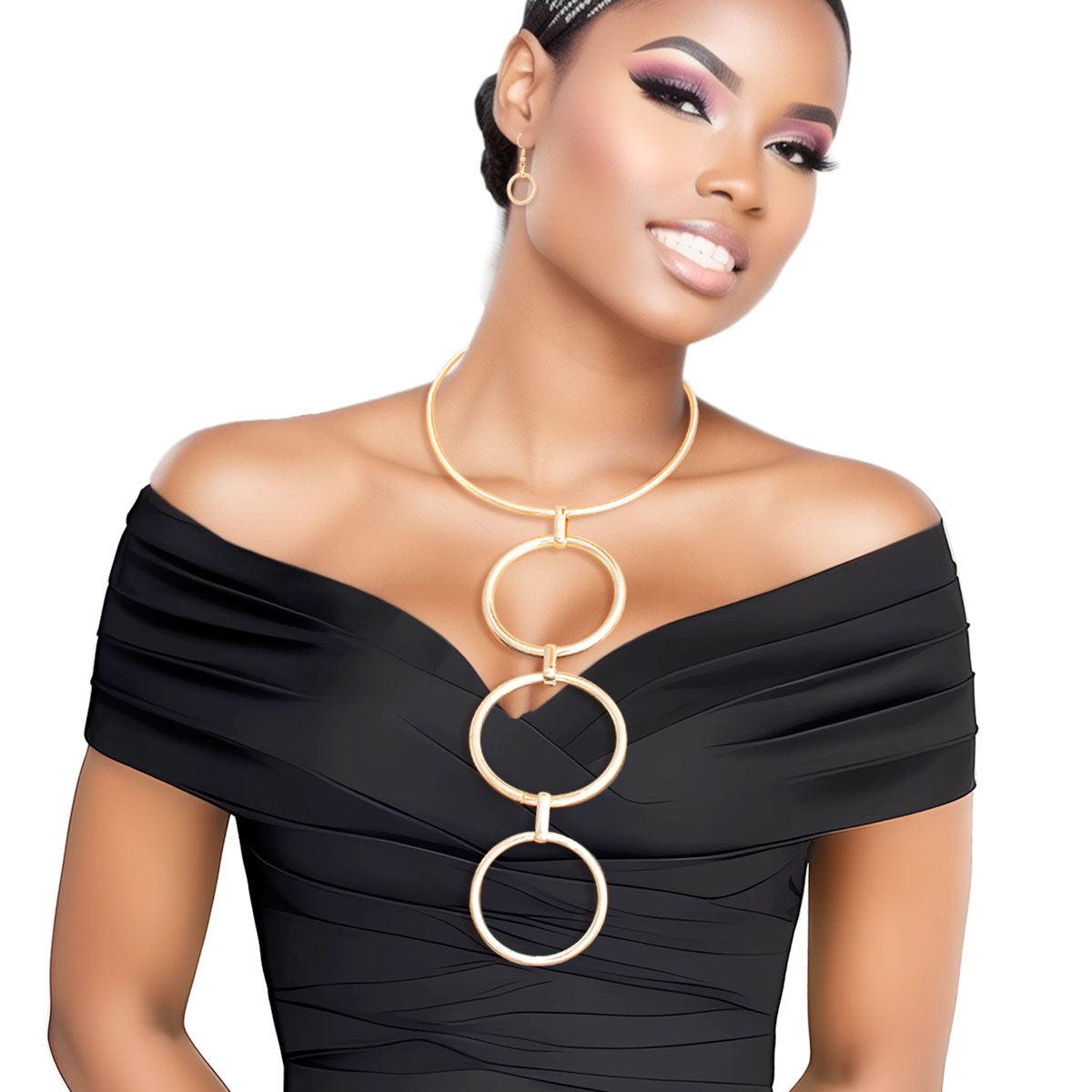 Gold Linked Rings Necklace Set: Modernist Fashion Jewelry