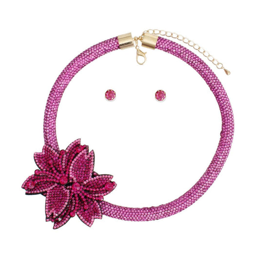 Grab the Latest Dazzling Fuchsia-pink Flower Necklace Set