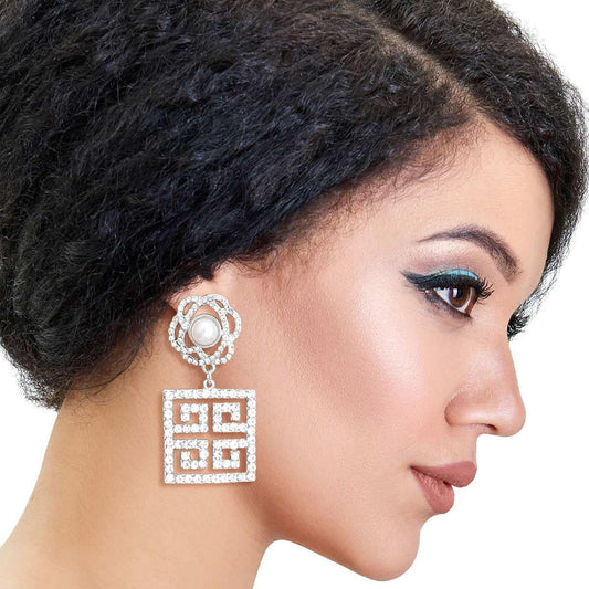 Greek Key Earrings Alert: Silver Tone Floral Studs with Pearl - Shop Now!