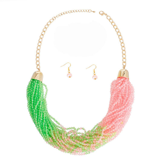 Green & Pink Beaded Torsade Necklace Sets: Style Meets Sophistication