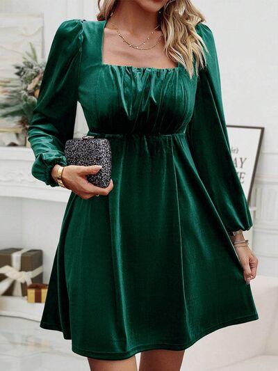 Green Mini Dress Alert: Ruched, Square Neck & Balloon Sleeves!