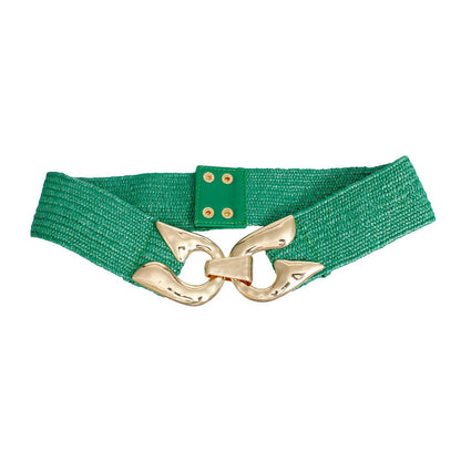 Green Raffia Belt with Gold Horseshoe Buckle for Women