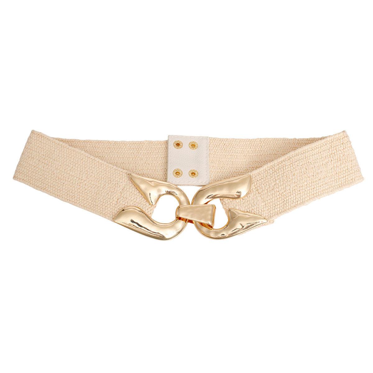 Ivory Color Raffia Belt with Gold Horseshoe Buckle for Women