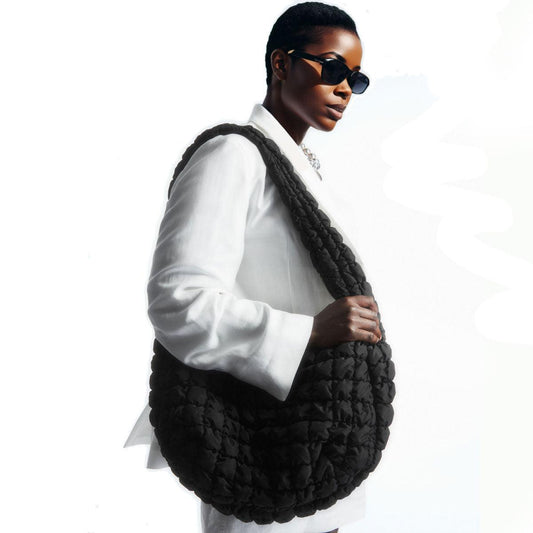 Ladies On-Trend Oversized Black Crossbody Bag with Puffy Quilted Texture