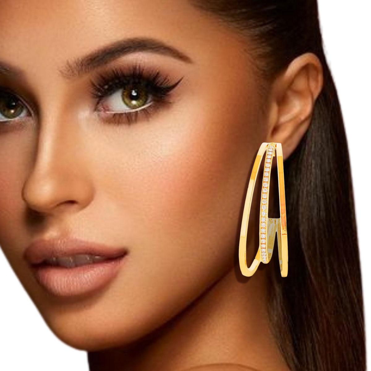 Latest Fashion Jewelry Yellow Gold Tri-Design Open Hoop Earrings