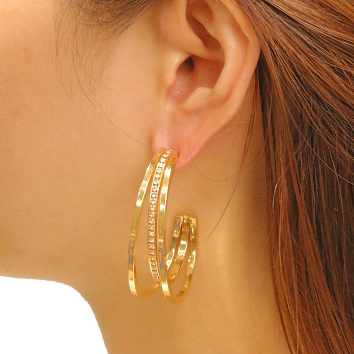 Latest Fashion Jewelry Yellow Gold Tri-Design Open Hoop Earrings