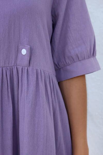 Lavender Ruched Dress: Stylish Round Neck Half Sleeve
