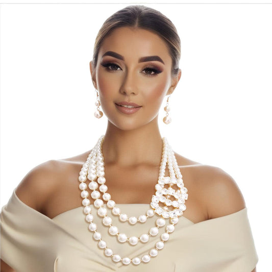 Layer Pearl Necklace Set with Clear Statement