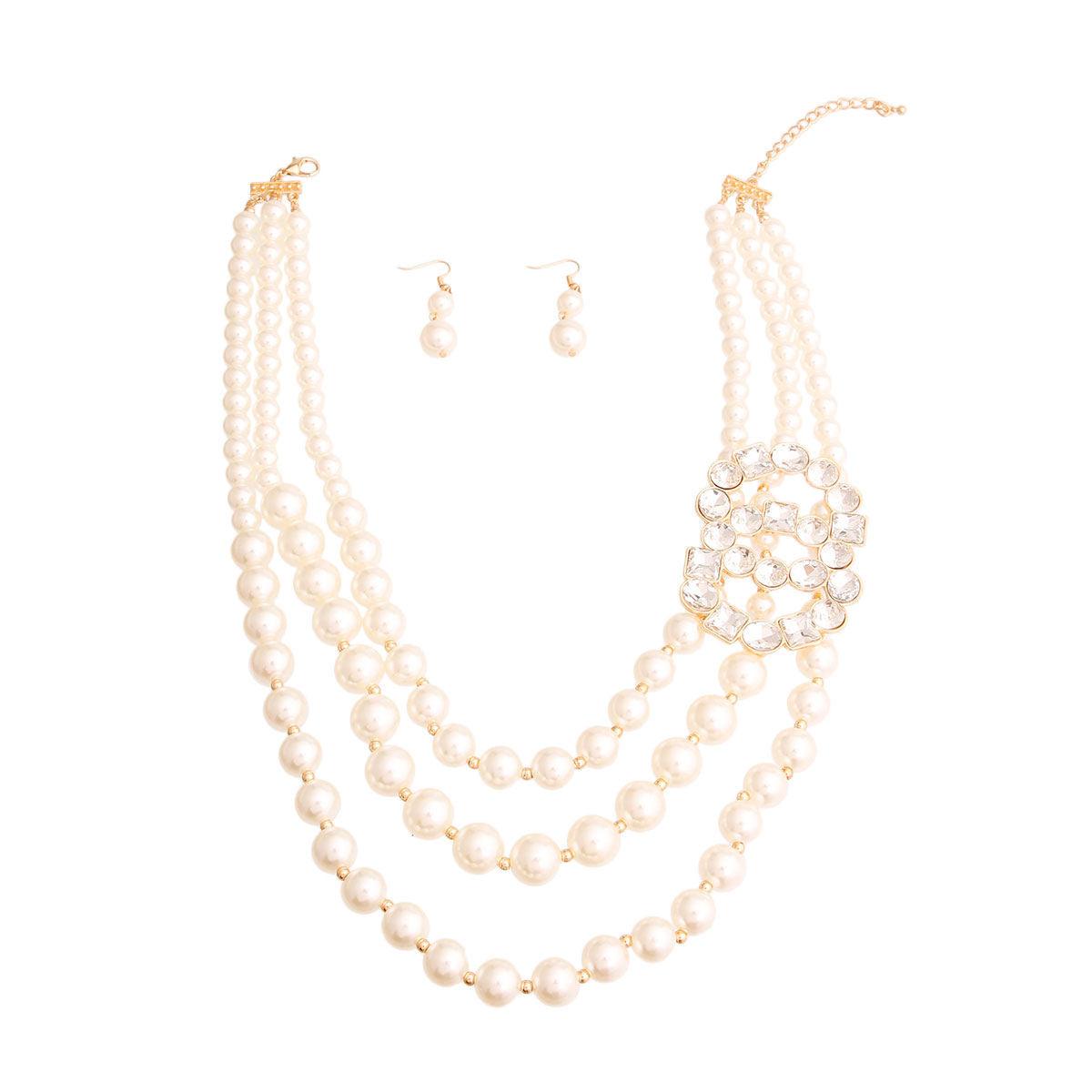 Layer Pearl Necklace Set with Clear Statement