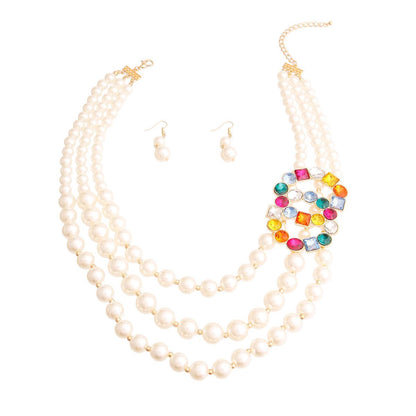 Layer Pearl Necklace Set with Multicolor Statement