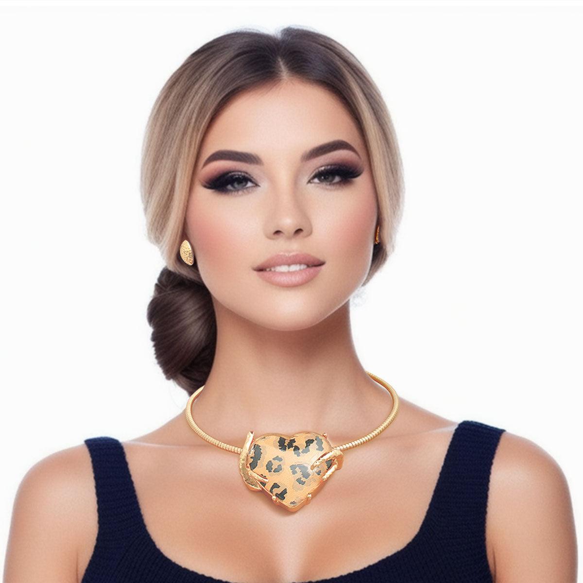 Leopard Print Heart Pendant Necklace - Women's Gold Fashion Jewelry