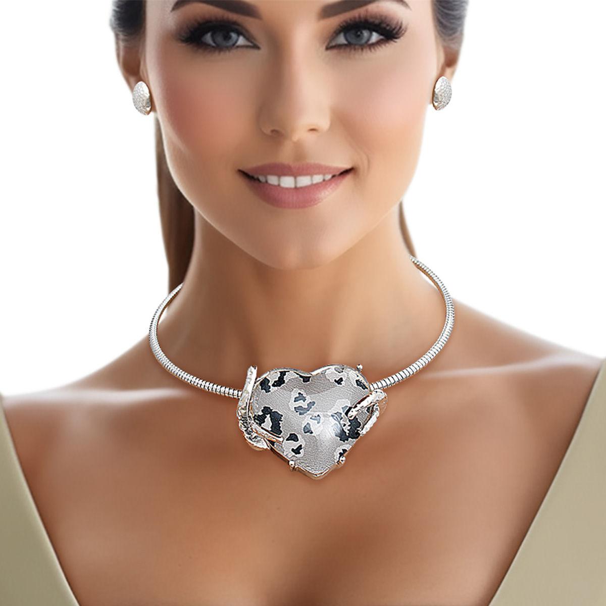 Leopard Print Heart Pendant Necklace - Women's Silver Fashion Jewelry