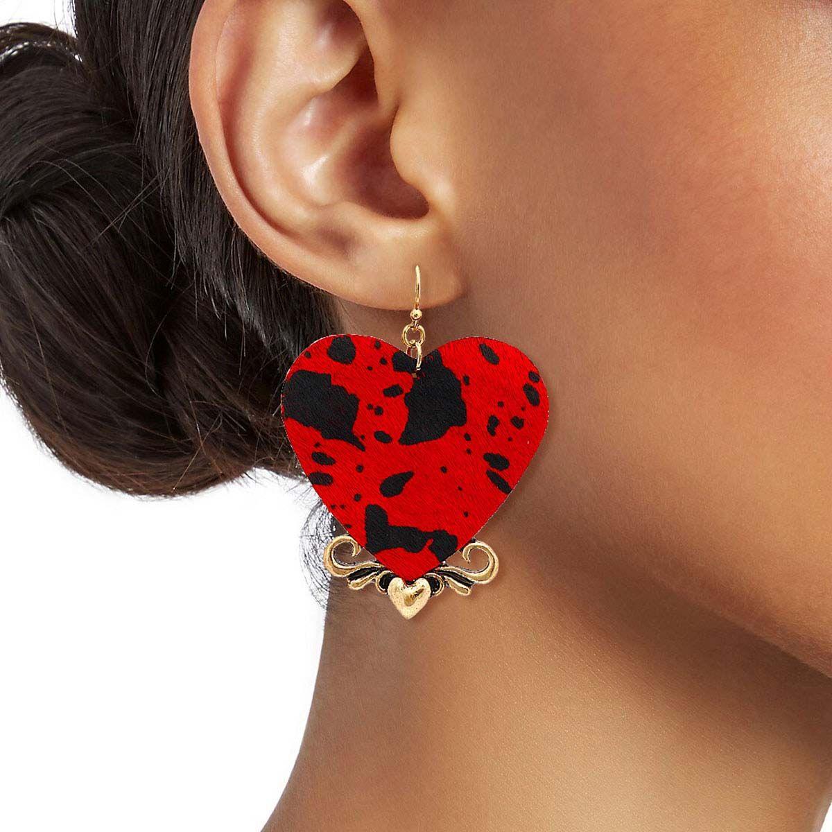 Love Red: Heart-Shaped Print Leather Earrings for Women