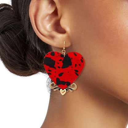 Love Red: Heart-Shaped Print Leather Earrings for Women