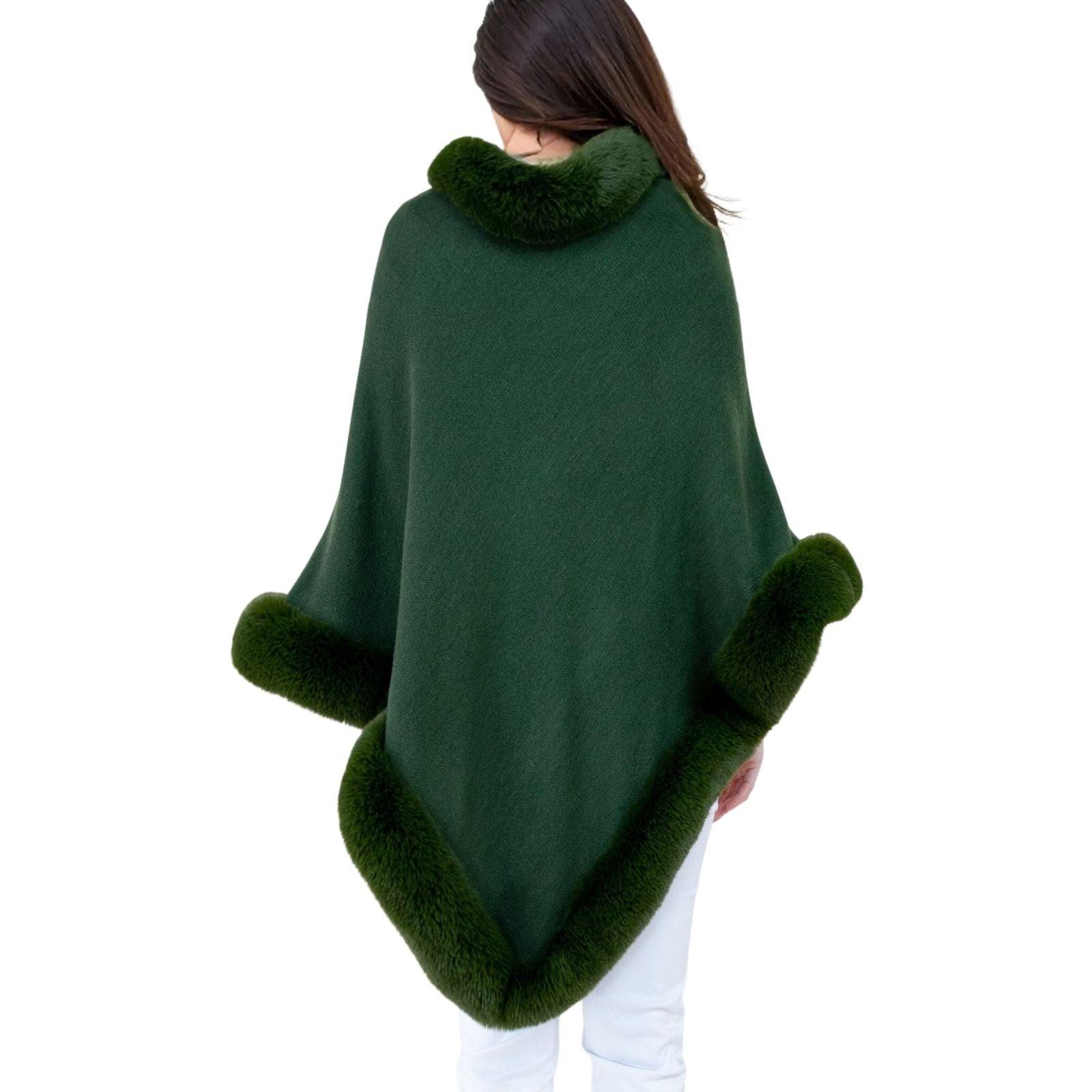 Luxurious & Stylish: Olive-green Poncho with Faux Fur Trim for Women