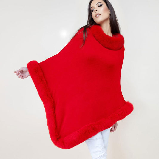 Luxurious & Stylish: Red Poncho with Faux Fur Trim for Women