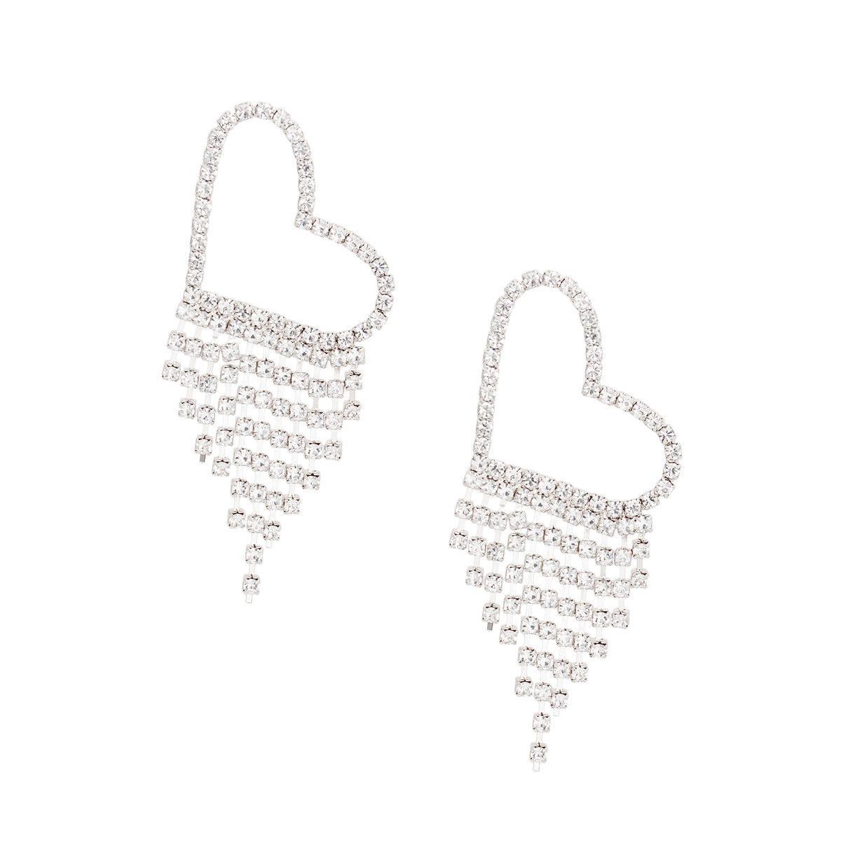 Luxurious Heart Silver Earrings with Rhinestone Fringe – Shop Fashion Jewelry Now