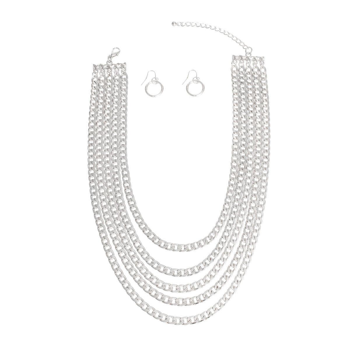 Make a Statement: Stunning Chain Necklace Silver Curb Layered and Earrings | Fashion Jewelry Set