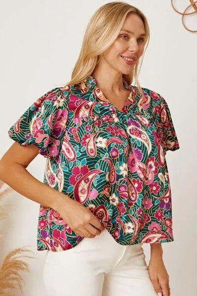 Multicolor Floral Collared Blouse: Short Sleeve Style