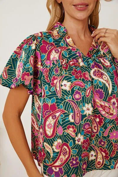 Multicolor Floral Collared Blouse: Short Sleeve Style