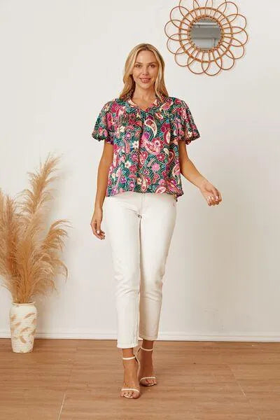 Multicolor Floral Collared Blouse: Short Sleeve Style