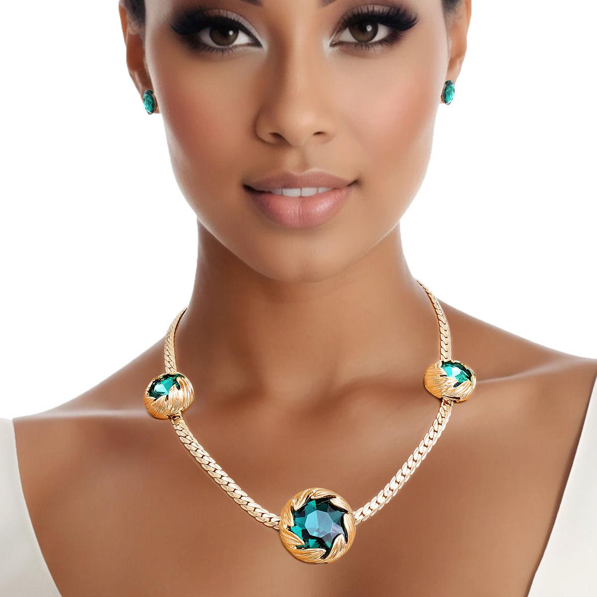 Necklace and Stud Earrings Set: Gold-Toned Triple Leaf Wrap Design with Green Crystal