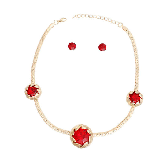 Necklace and Stud Earrings Set: Gold-Toned Triple Leaf Wrap Design with Red Crystal