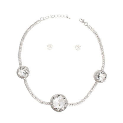 Necklace and Stud Earrings Set: Silver-Toned Triple Leaf Wrap Design with Clear Crystal