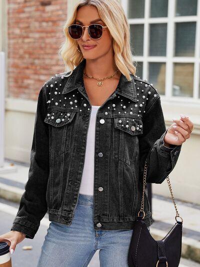 Pearl Detail Denim Jacket: Stylish Must-Have for Ladies!
