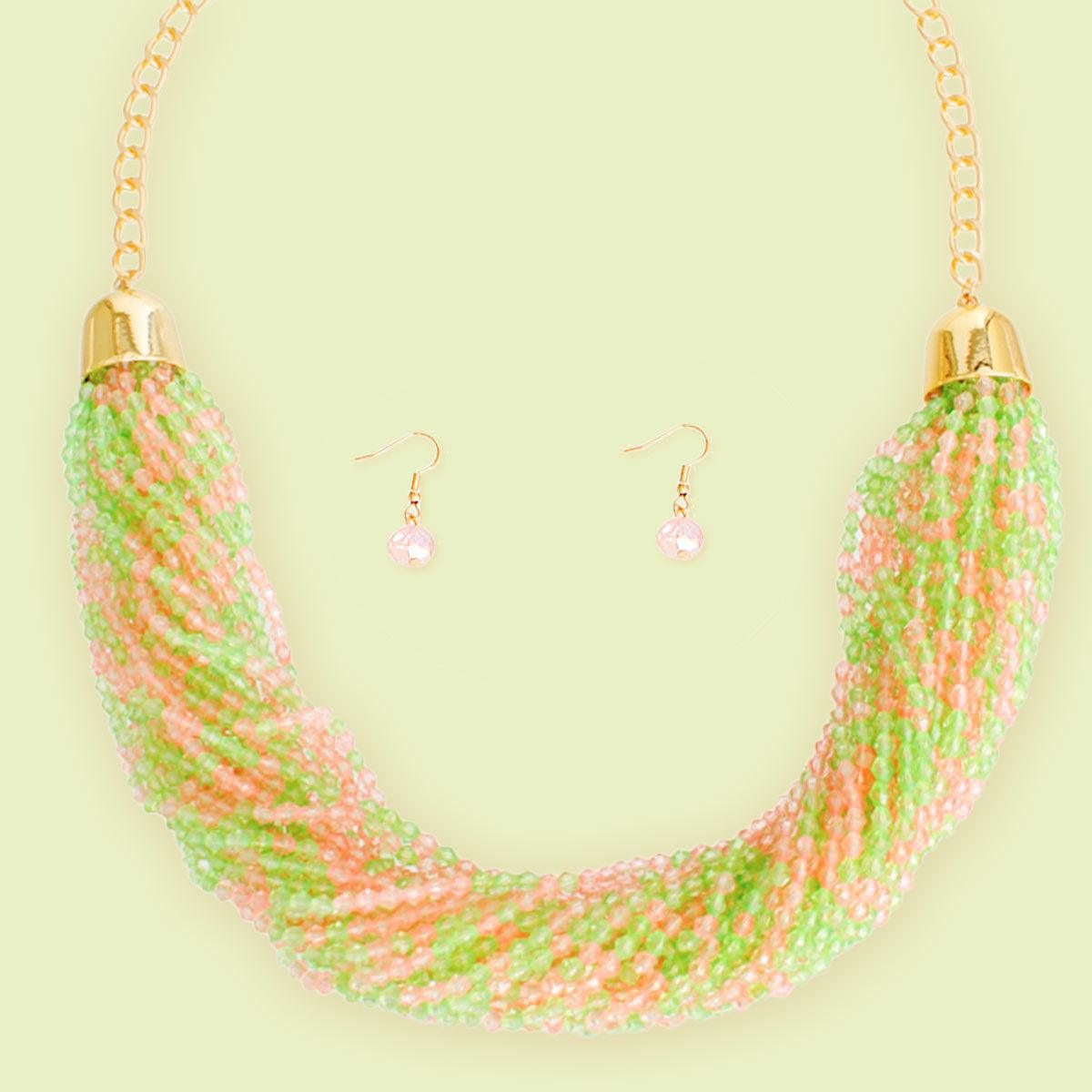 Pink and Green Blended Seed Beaded Gold Finish Necklace