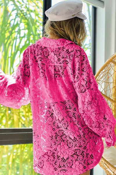 Pink Oversize Button Up Long Sleeve Lace Shacket for Women