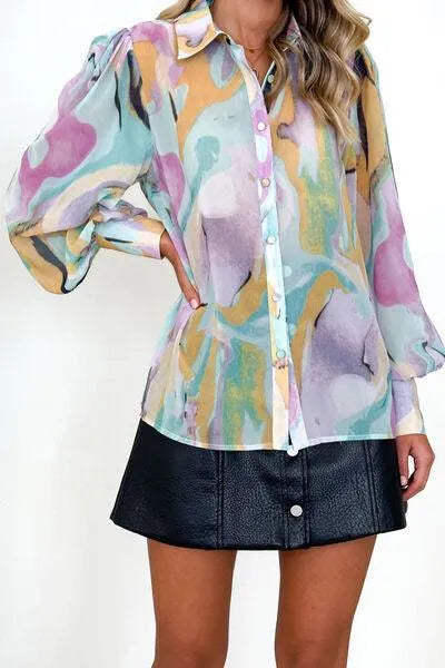 Printed Button Up Lantern Sleeve Shirt: Elevate Your Everyday Look!