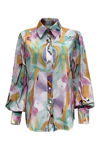 Printed Button Up Lantern Sleeve Shirt: Elevate Your Everyday Look!