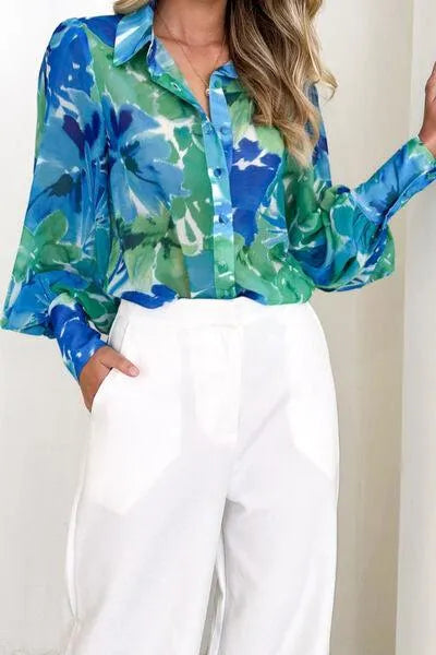 Printed Button Up Lantern Sleeve Shirt: Elevate Your Everyday Look!