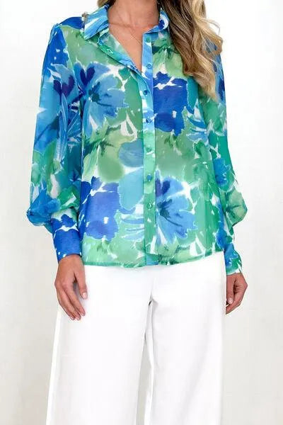 Printed Button Up Lantern Sleeve Shirt: Elevate Your Everyday Look!