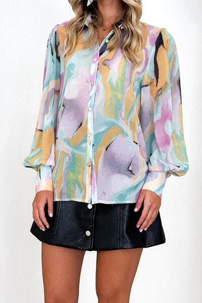 Printed Button Up Lantern Sleeve Shirt: Elevate Your Everyday Look!
