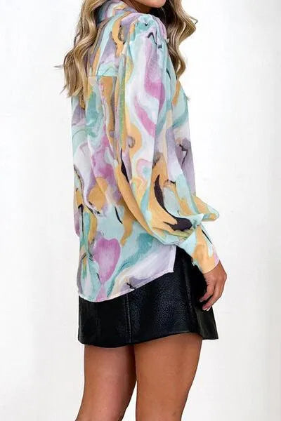 Printed Button Up Lantern Sleeve Shirt: Elevate Your Everyday Look!