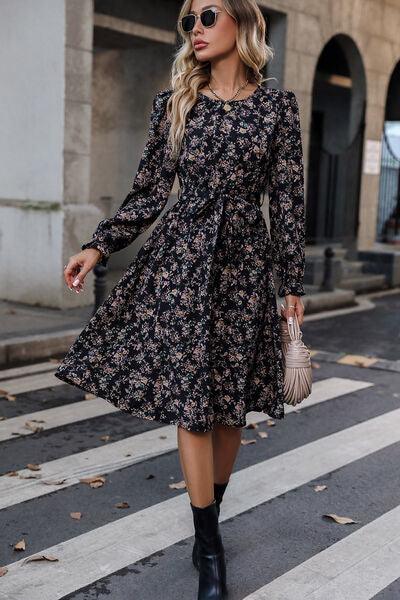 Printed Round Neck Dress with Flounce Sleeve