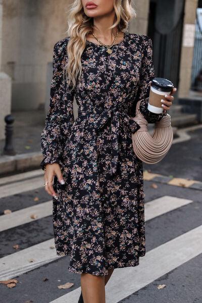 Printed Round Neck Dress with Flounce Sleeve