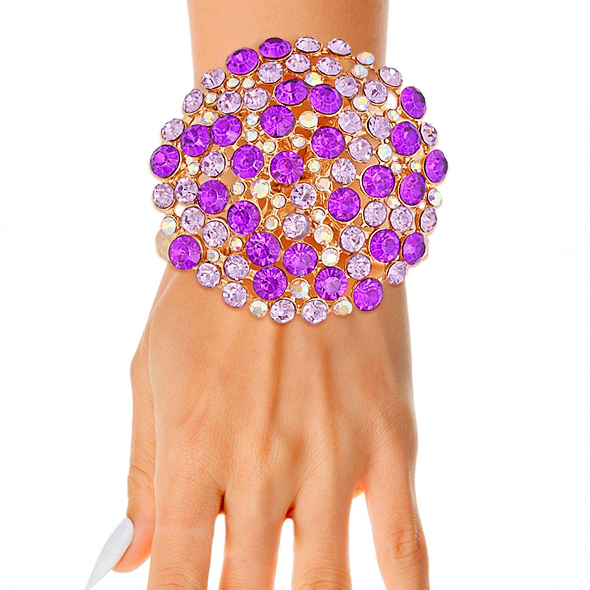 Purple Bouquet Domed Gold Cuff Bracelet: Dazzle Your Style