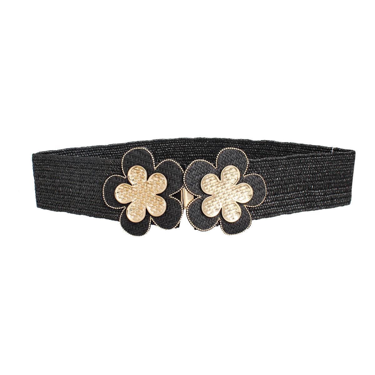 Raffia Belt with Gold Flower Buckle and Textured Detailing for Women