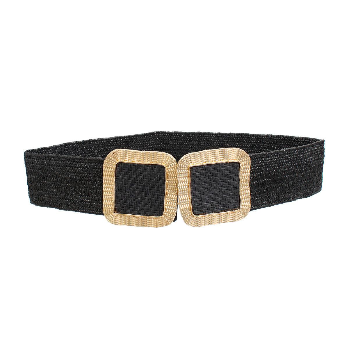 Raffia Belt with Gold Square Buckle and Textured Detailing for Women