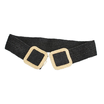 Raffia Belt with Gold Square Buckle and Textured Detailing for Women