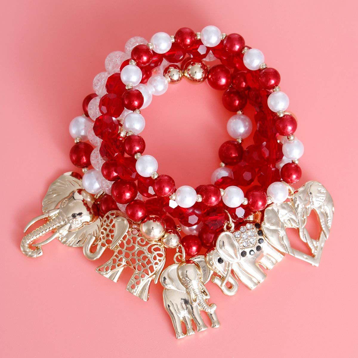 Red & White Elephant Charm Bracelet Set (5pcs)
