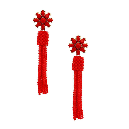 Red Stud Flower Dangle Tassel Earrings: Make a Bold Statement | Buy Now